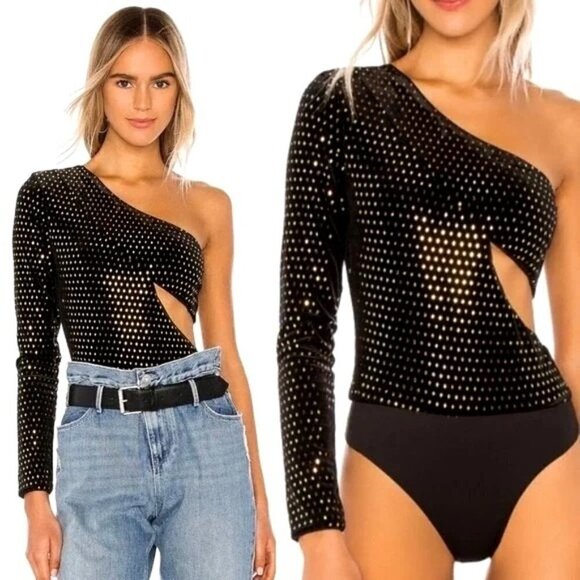 H:ours‎ Black And Gold Sequins Velvet One Shoulder Karly Bodysuit Size S - Picture 1 of 12